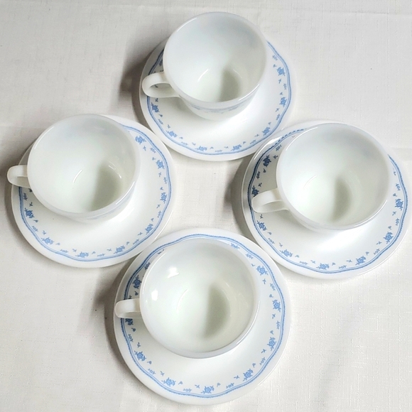 4 Sets Pyrex Corelle Cups & Saucers  Matching Morning Blue Pattern Mugs - Picture 1 of 17